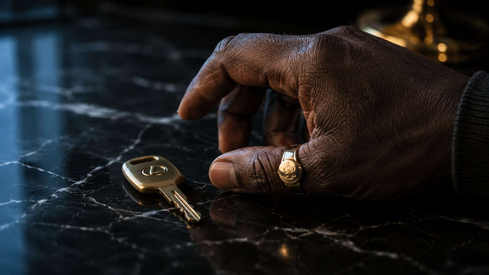Hand reaching for a brass Lexus key on black marble