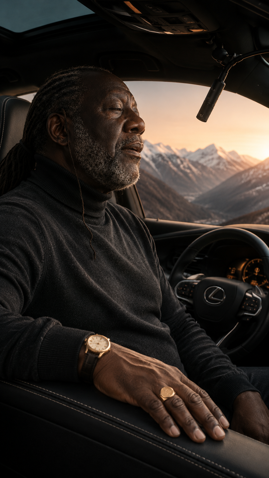 Adékúnlé inside the Lexus at dawn, eyes closed, whispering Bismillah